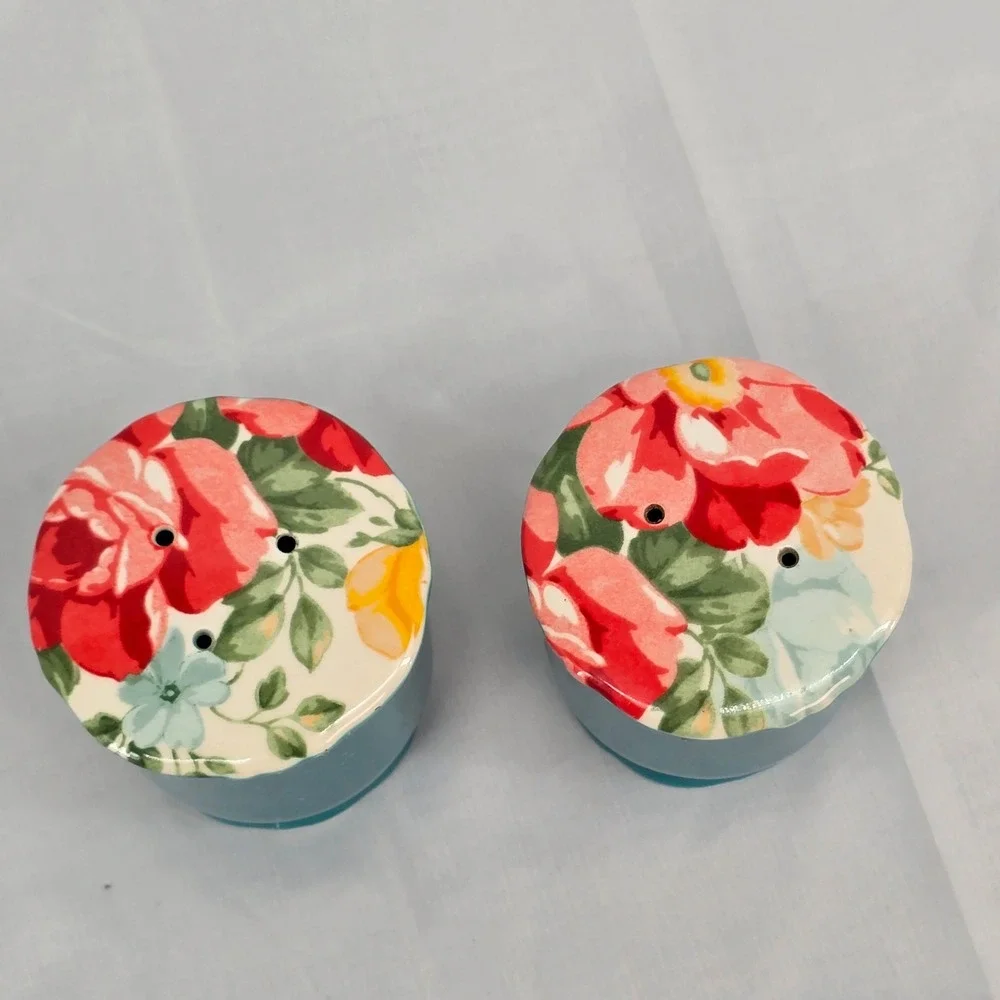 Pioneer Woman Vintage Floral Teal Salt and Pepper Shaker Set Ceramic